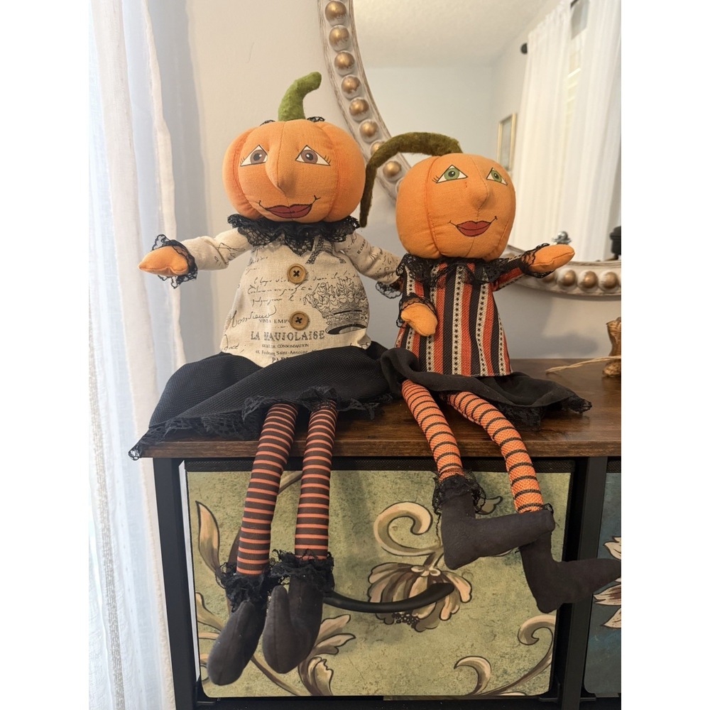 Halloween Pumpkin Head Shelf Sitters Pair 20" Dangly Legs Primitive Decor